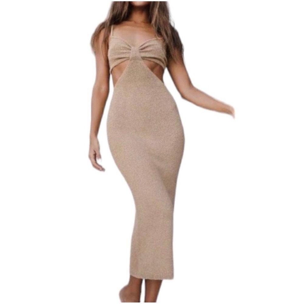 Lulus The Way I Feel Tan Knit Cutout Midi Dress Bodycon Boho Coastal Sexy M